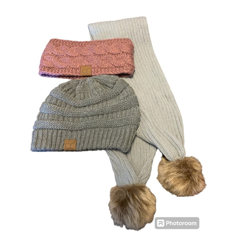 C.C. Winter Knit Beanie Bundle Gray Wine